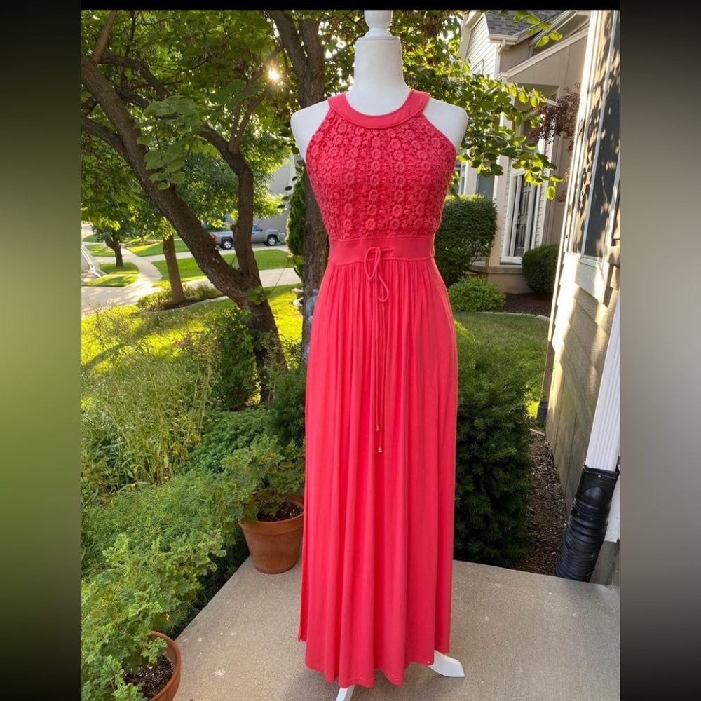 Calvin Klein Halter Maxi Dress, Coral Flower Crochet Casual women’s size 4